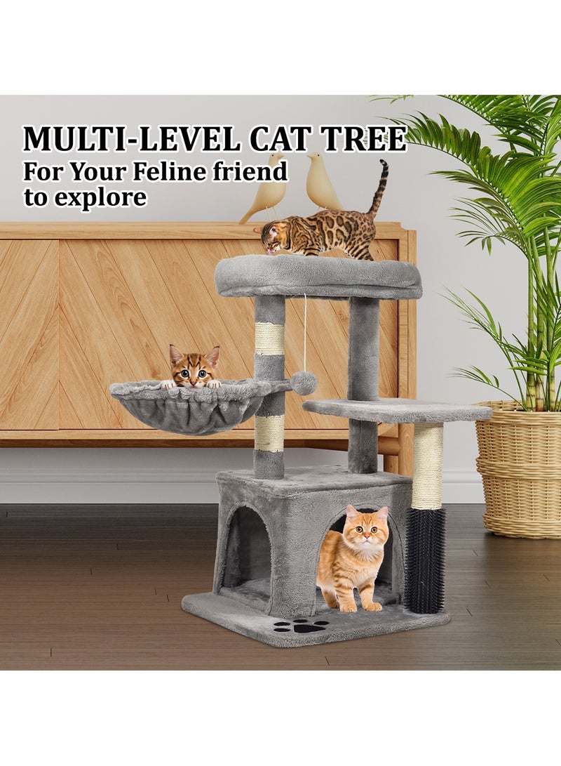 Cat tree tower for small indoor cats, Cat tree scratching post with cat self-groomer brush, Plush perch, Cozy hammock, Hanging ball, and Double-entrance cat condo 78 cm (Grey)