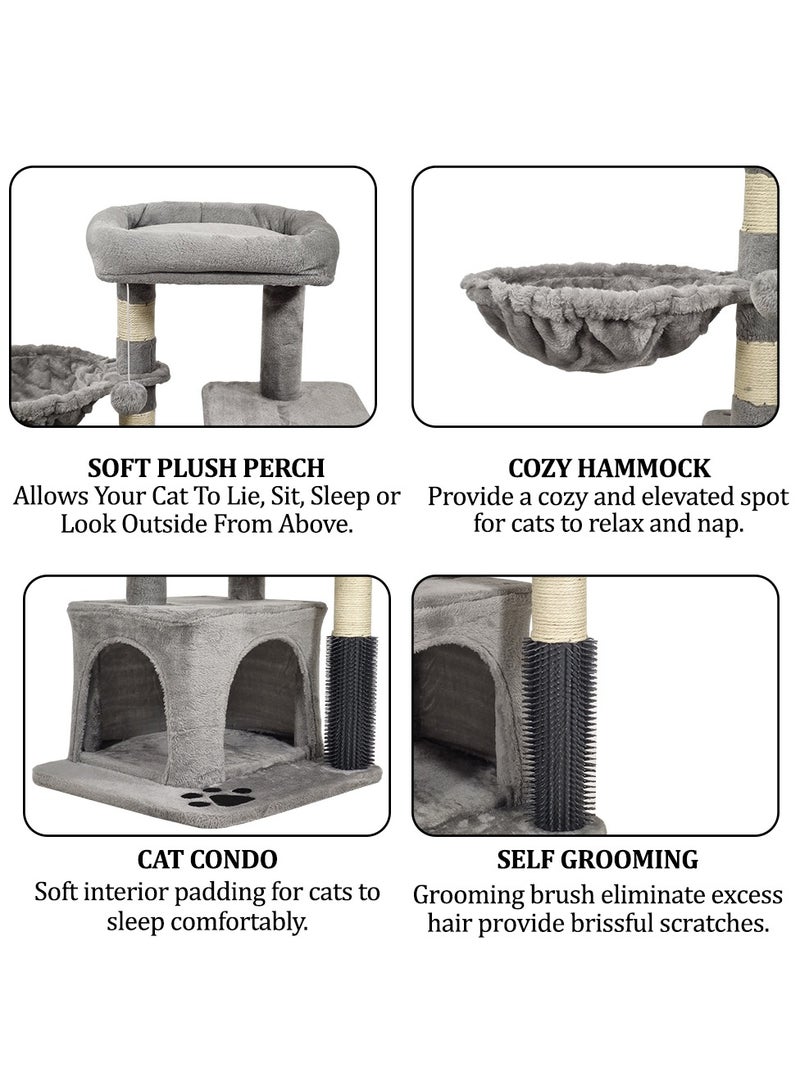 Cat tree tower for small indoor cats, Cat tree scratching post with cat self-groomer brush, Plush perch, Cozy hammock, Hanging ball, and Double-entrance cat condo 78 cm (Grey)