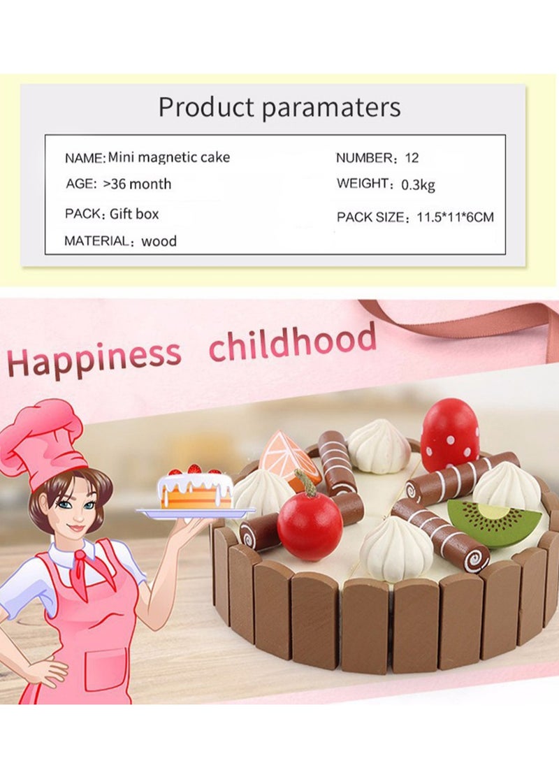 Wooden Birthday Cake Toy   Kids Magnetic Dessert Toy with Cutting Knife, Fruit Toppings, Chocolate and Vanilla Swirls Fun Kitchen Pretend Play Food Party, Cooking Cutter Set, Educational Gift