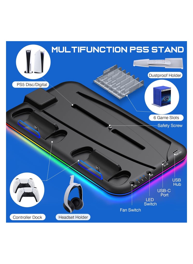 PS5 Controller Charger, LED Dock Cooler for Sony Playstation 5, Console Support Base, Game Stand, Gaming Accessories