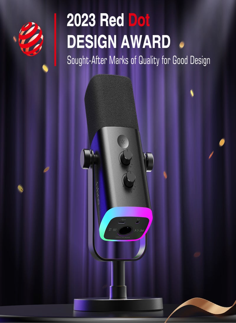 FIFINE XLR/USB Dynamic Microphone for Podcast Recording, PC Computer Gaming Streaming Mic with RGB Light, Mute Button, Headphones Jack, Desktop Stand, Vocal Mic for Singing YouTube-AmpliGame AM8 AM8 Black
