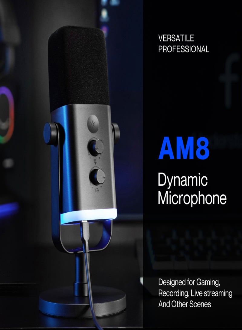 FIFINE XLR/USB Dynamic Microphone for Podcast Recording, PC Computer Gaming Streaming Mic with RGB Light, Mute Button, Headphones Jack, Desktop Stand, Vocal Mic for Singing YouTube-AmpliGame AM8 AM8 Black