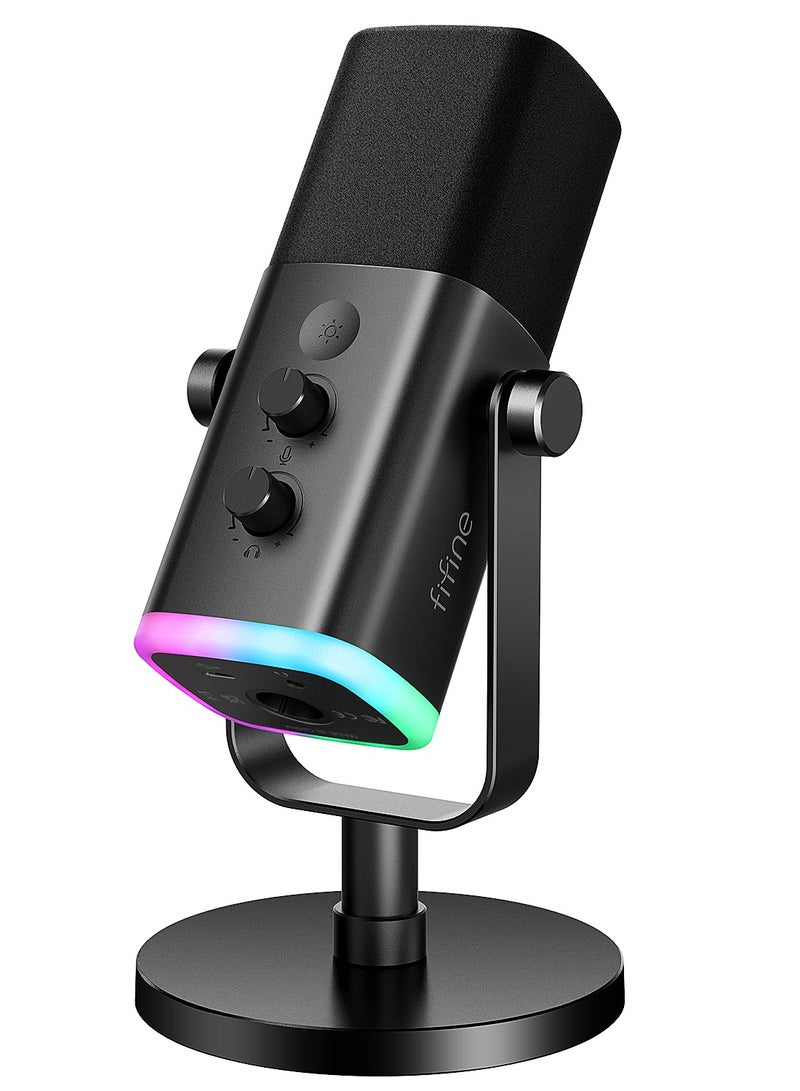 FIFINE XLR/USB Dynamic Microphone for Podcast Recording, PC Computer Gaming Streaming Mic with RGB Light, Mute Button, Headphones Jack, Desktop Stand, Vocal Mic for Singing YouTube-AmpliGame AM8 AM8 Black