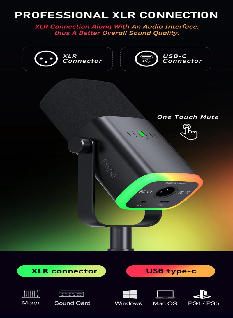 FIFINE XLR/USB Dynamic Microphone for Podcast Recording, PC Computer Gaming Streaming Mic with RGB Light, Mute Button, Headphones Jack, Desktop Stand, Vocal Mic for Singing YouTube-AmpliGame AM8 AM8 Black