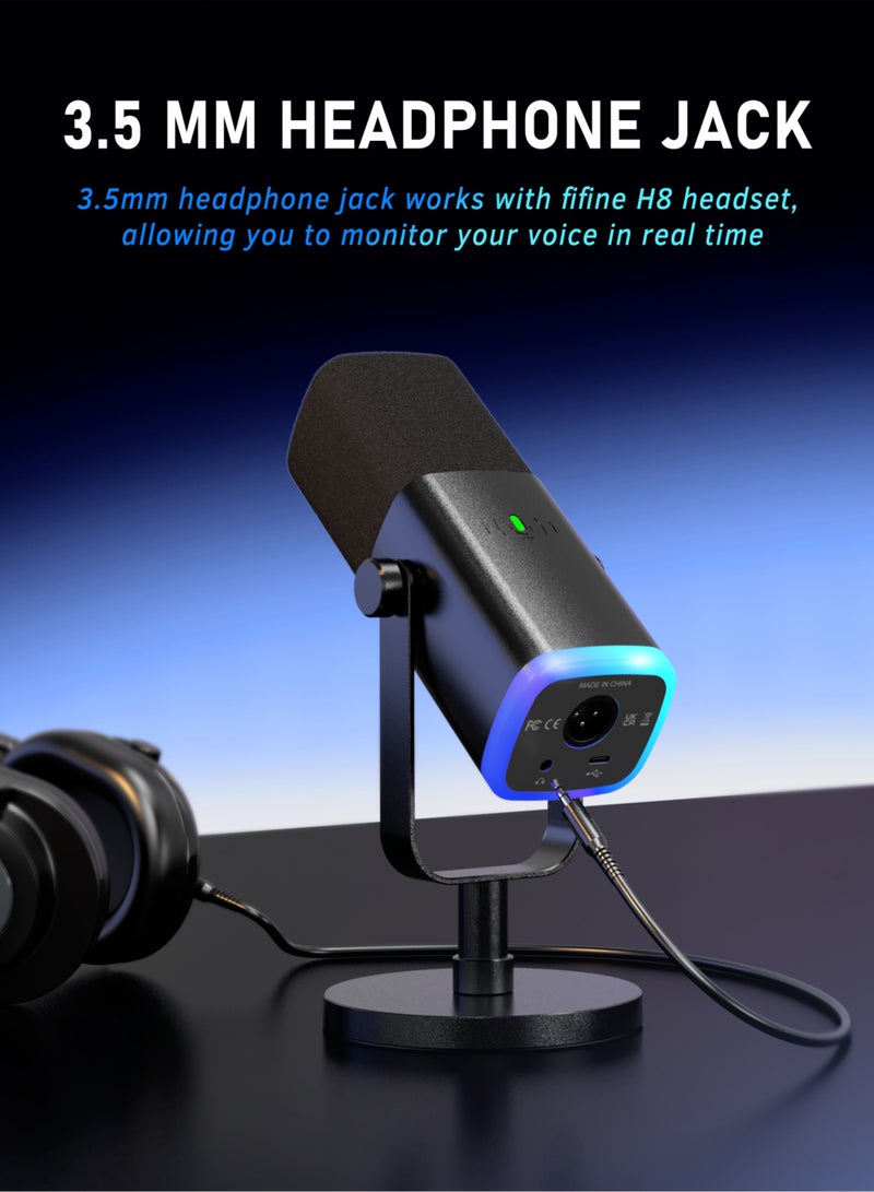FIFINE XLR/USB Dynamic Microphone for Podcast Recording, PC Computer Gaming Streaming Mic with RGB Light, Mute Button, Headphones Jack, Desktop Stand, Vocal Mic for Singing YouTube-AmpliGame AM8 AM8 Black