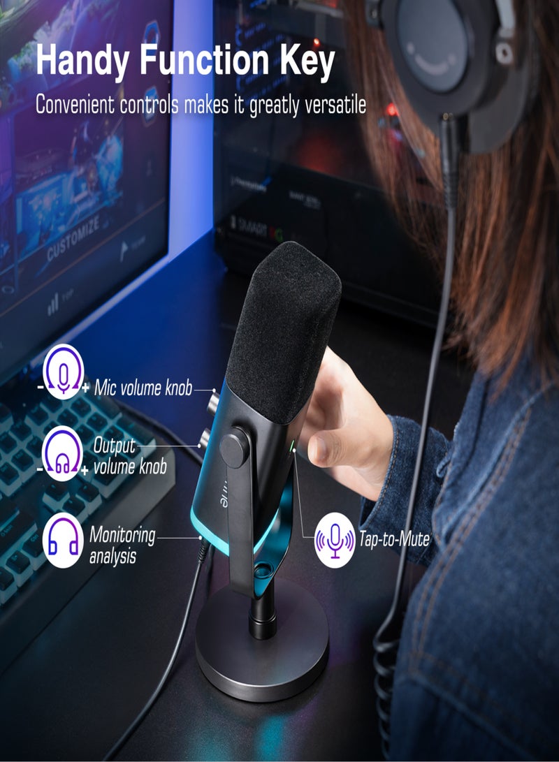 FIFINE XLR/USB Dynamic Microphone for Podcast Recording, PC Computer Gaming Streaming Mic with RGB Light, Mute Button, Headphones Jack, Desktop Stand, Vocal Mic for Singing YouTube-AmpliGame AM8 AM8 Black
