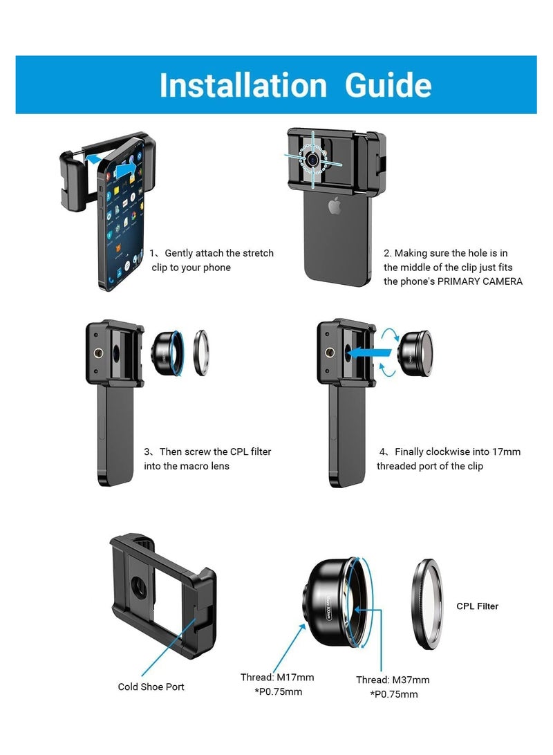 100mm Macro Lens with CPL for SmartphoneHD Macro Photography Lens for iPhone SamsungOneplus Android PhoneFits for Almost ofCell Phone Macro Lens Attachment