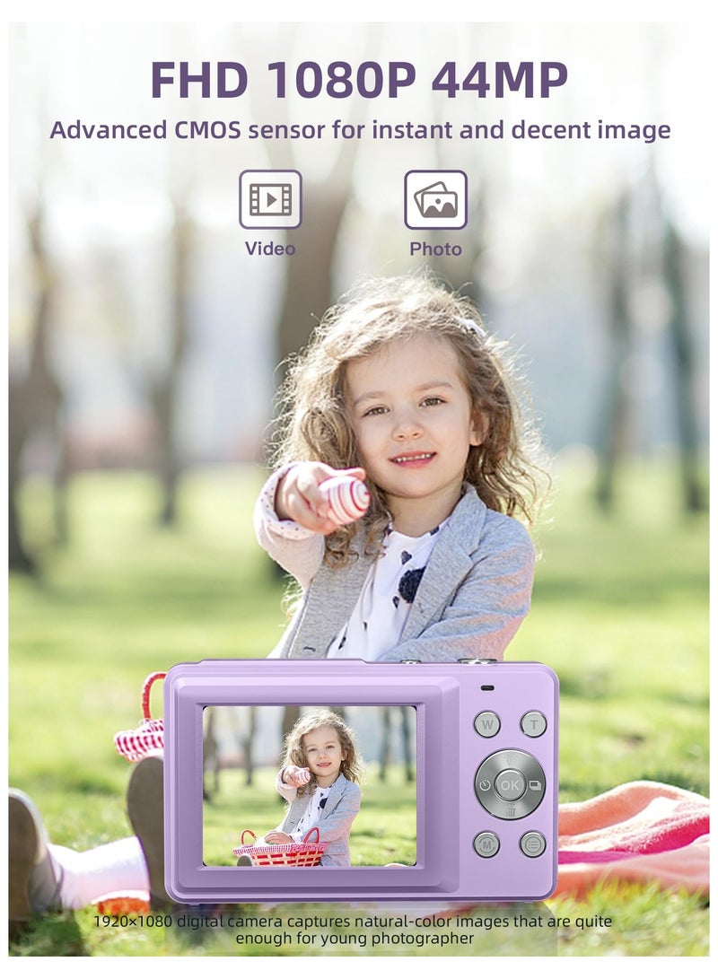 Digital Camera, FHD 1080P Kids Camera 44MP Point and Shoot Digital Camera with 32GB SD Card, 16x Zoom, Lanyard, Small Compact Camera for Kids Boys Girls