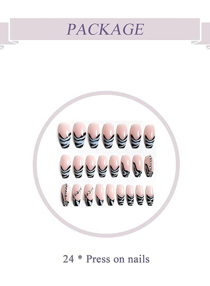 Rhinestone Press on Nails Zebra French False Nails Long Coffin Acrylic Nail Tips Shiny UV Gel Nails for Women and Girls 24PcsThe product does not contain glue