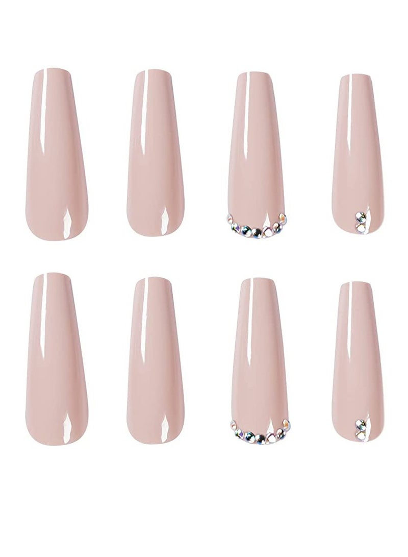 Extra Long Fake Nails, 24pcs Coffin False Nails, Glossy Full Cover Press on Nails, Bling Rhinestone Artificial False Nail Tips for Women and Girls Pink