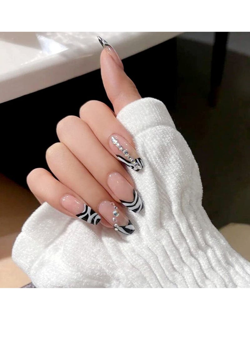 Rhinestone Press on Nails Zebra French False Nails Long Coffin Acrylic Nail Tips Shiny UV Gel Nails for Women and Girls 24PcsThe product does not contain glue