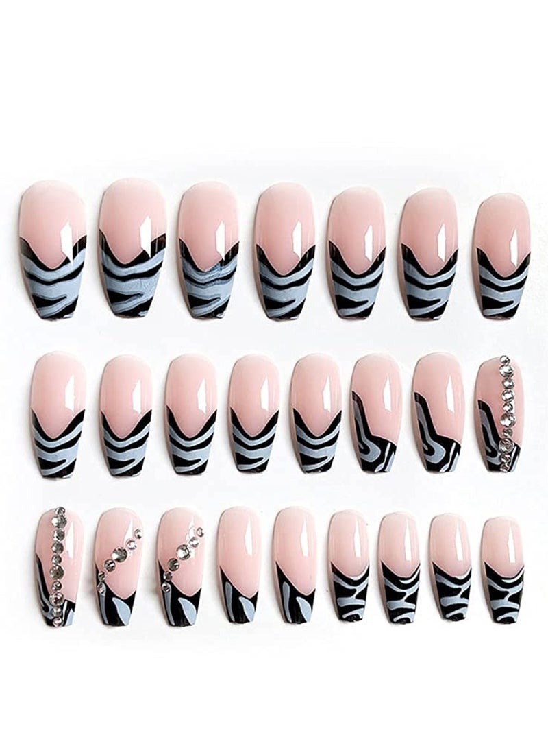 Rhinestone Press on Nails Zebra French False Nails Long Coffin Acrylic Nail Tips Shiny UV Gel Nails for Women and Girls 24PcsThe product does not contain glue