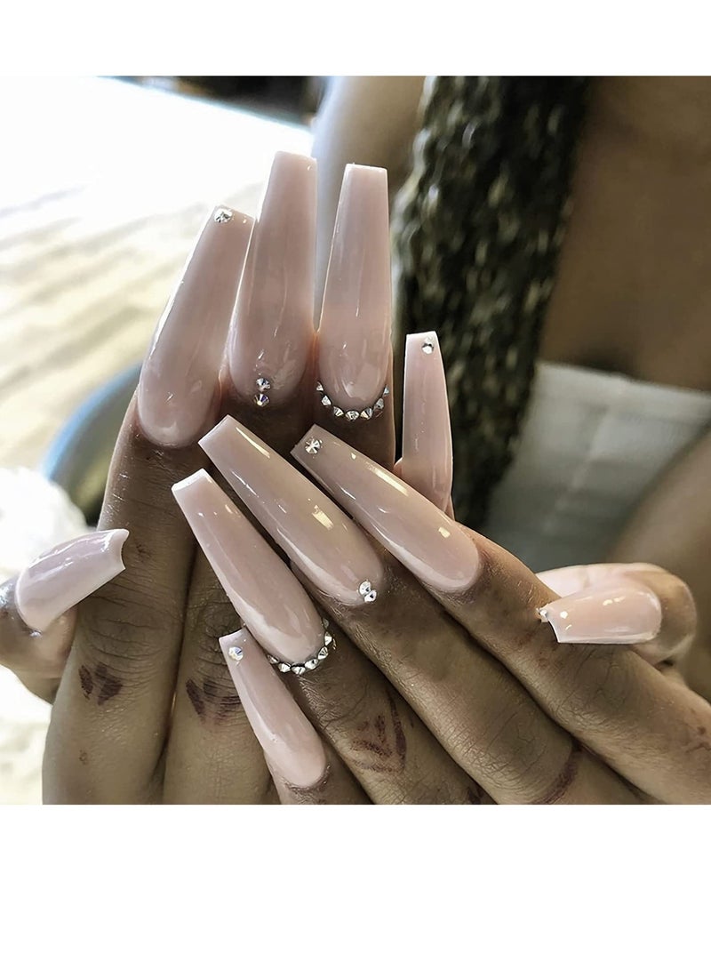 Extra Long Fake Nails, 24pcs Coffin False Nails, Glossy Full Cover Press on Nails, Bling Rhinestone Artificial False Nail Tips for Women and Girls Pink