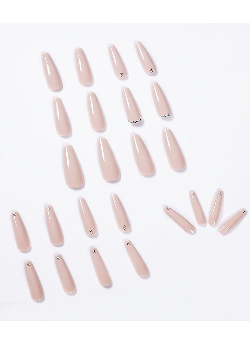 Extra Long Fake Nails, 24pcs Coffin False Nails, Glossy Full Cover Press on Nails, Bling Rhinestone Artificial False Nail Tips for Women and Girls Pink