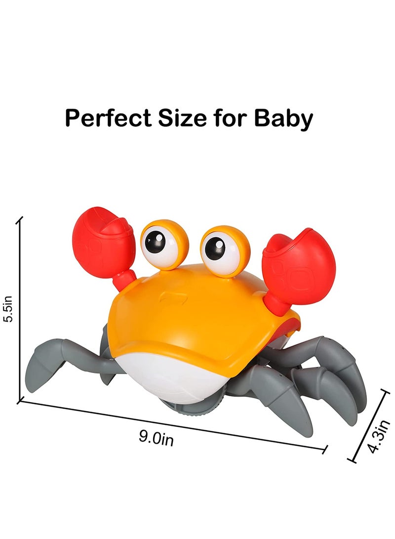 Crawling Crab Baby Toy with Music and LED Light Up for Kids, Toddler Interactive Learning Development Toy with Automatically Avoid Obstacles, Build in Rechargeable Battery Orange