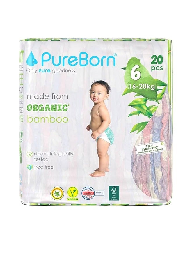 Pureborn Organic Bamboo Diaper Size 6, 16-20kg, 20 Diapers