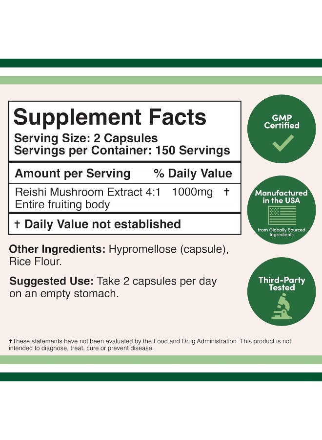 Reishi Mushroom Capsules 4:1 Ganoderma Extract, 1,000Mg Red Reishi Powder Servings 300 Count, 5 Month Supply, Potent Mushroom Supplement For Immune System Support And Defense