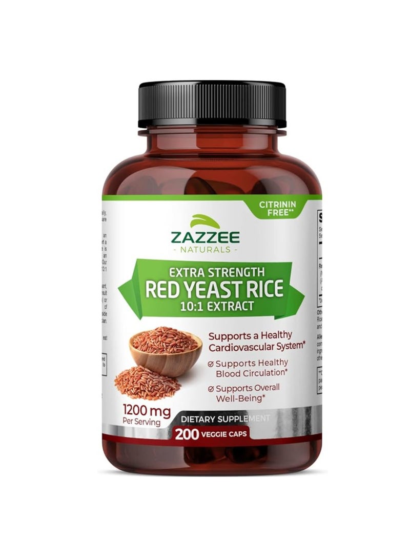 Extra Strength Red Yeast Rice 10:1 Extract Capsules 1200 Mg Citrinin Free 200 Vegan Capsules Nonirradiated Nongmo And Allnatural Supports Cardiovascular And Blood Circulation Health