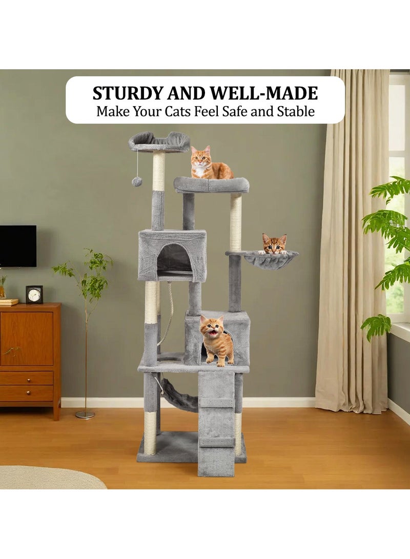 Cat tree tower activity center for indoor cats and kittens, Multi-level tall cat tree with Multiple perches, Sisal scratching post, Double hammock, Climbing ladder, and 2 Cat condos 180 cm (Grey)