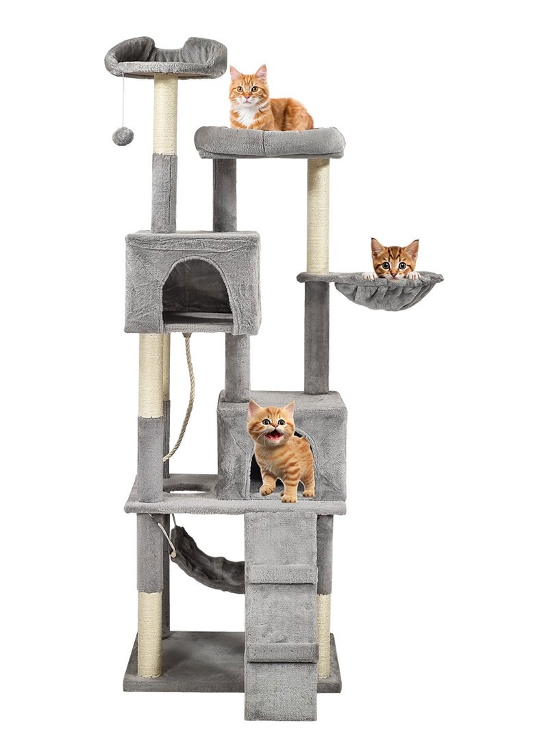 Cat tree tower activity center for indoor cats and kittens, Multi-level tall cat tree with Multiple perches, Sisal scratching post, Double hammock, Climbing ladder, and 2 Cat condos 180 cm (Grey)