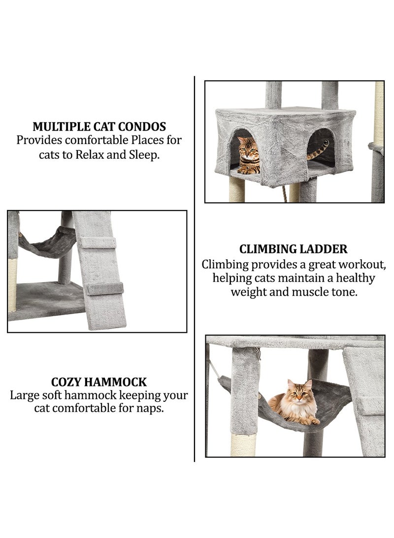 Cat tree tower activity center for indoor cats and kittens, Multi-level tall cat tree with Multiple perches, Sisal scratching post, Double hammock, Climbing ladder, and 2 Cat condos 180 cm (Grey)