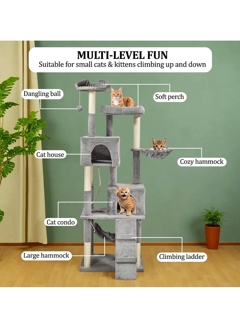 Cat tree tower activity center for indoor cats and kittens, Multi-level tall cat tree with Multiple perches, Sisal scratching post, Double hammock, Climbing ladder, and 2 Cat condos 180 cm (Grey)