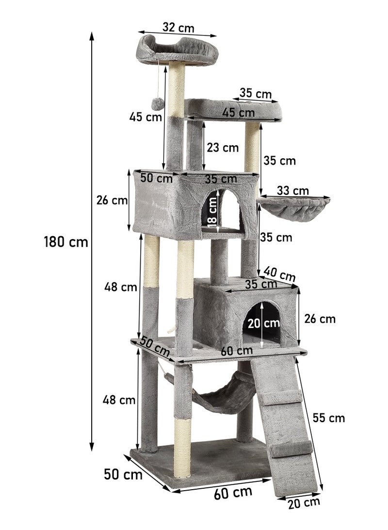 Cat tree tower activity center for indoor cats and kittens, Multi-level tall cat tree with Multiple perches, Sisal scratching post, Double hammock, Climbing ladder, and 2 Cat condos 180 cm (Grey)