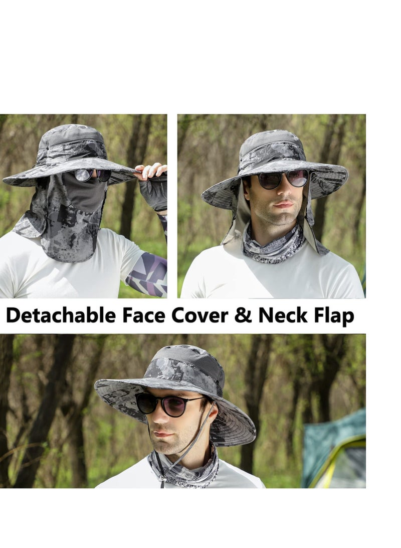 UPF 50+ Sun Fishing Hat for Men Women Wide Brim Hat with Detachable Face Cover & Neck Flap