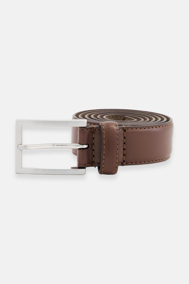 Men Plain Leather Buckle Belt, Brown