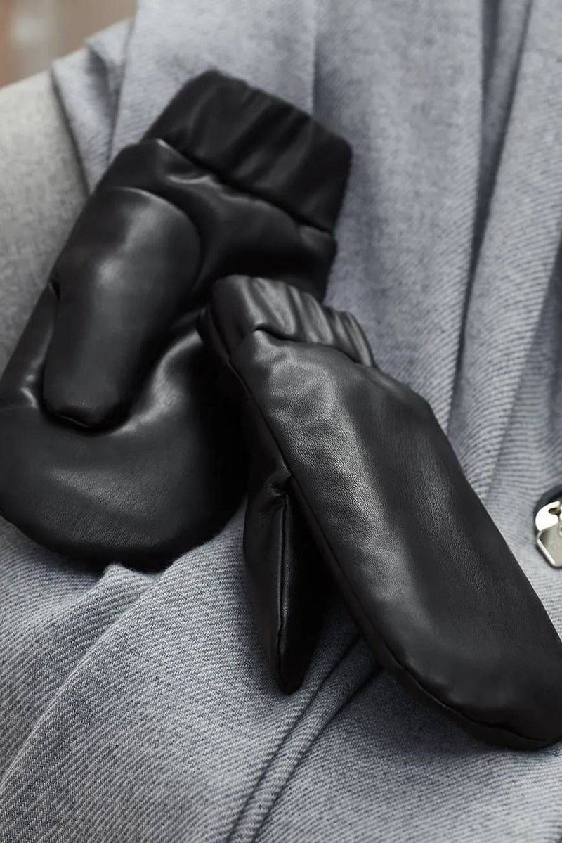 Men Lined Mittens In Leather Look, Black