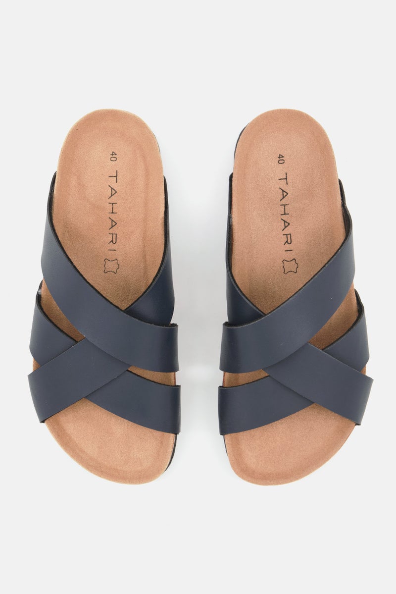 Men Slip On Cork Sandals, Navy Blue Combo