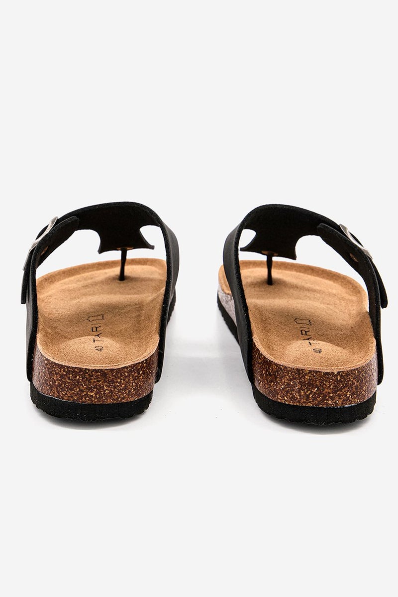 Women Slip On Synthetic Leather Cork Sandals, Black/Brown