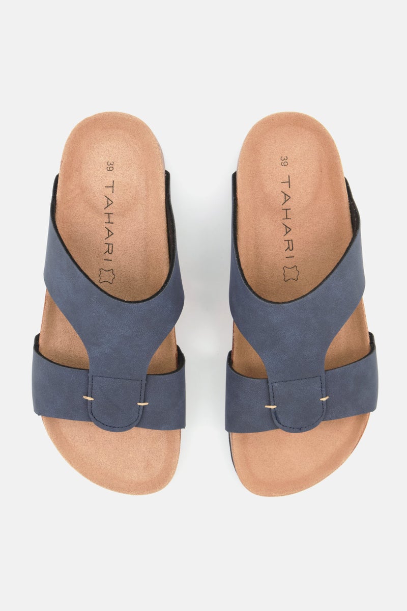 Men Slip On Leather Cork Sandals, Navy Blue