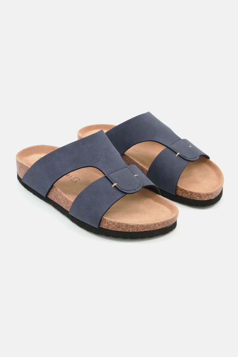 Men Slip On Leather Cork Sandals, Navy Blue