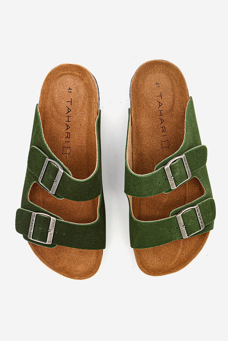 Men Plain Slip On Cork Sandals, Light Green Khaki