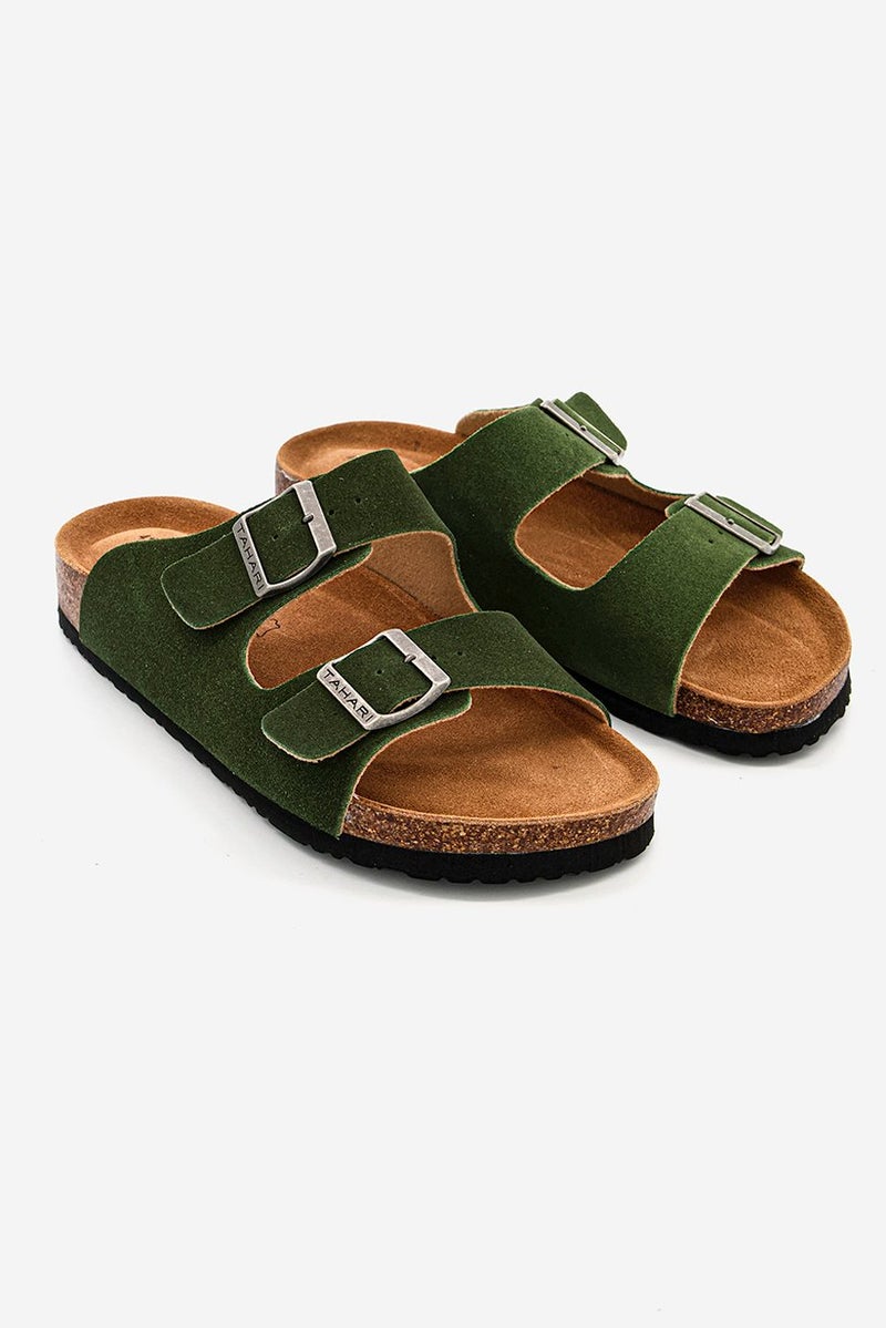 Men Plain Slip On Cork Sandals, Light Green Khaki