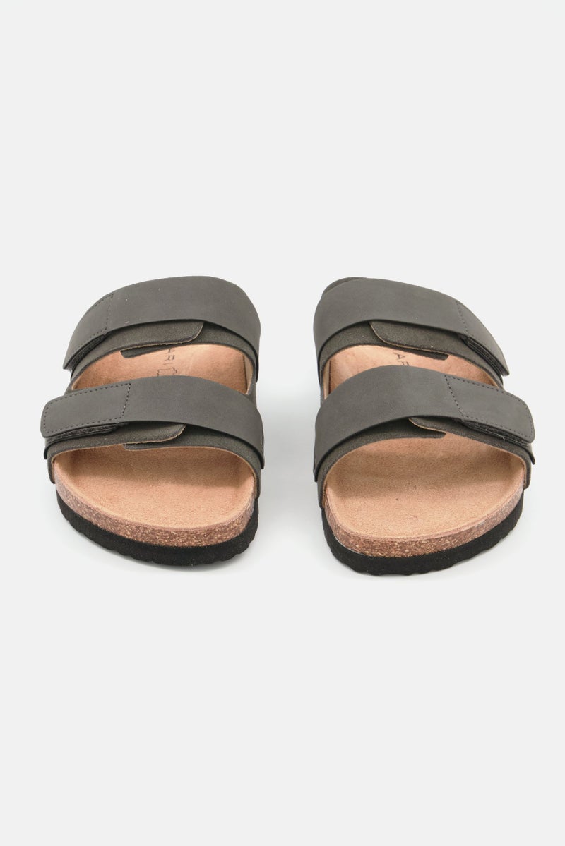 Men Velcro Flat Cork Sandals, Dark Grey