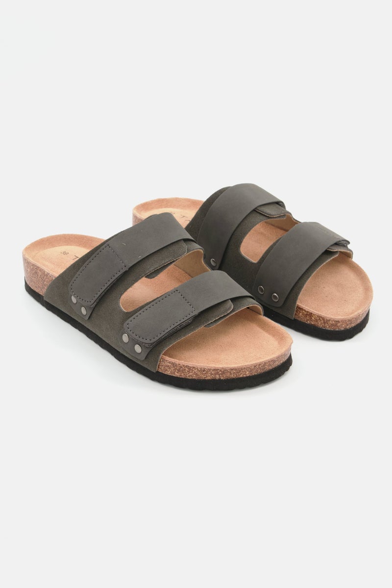 Men Velcro Flat Cork Sandals, Dark Grey