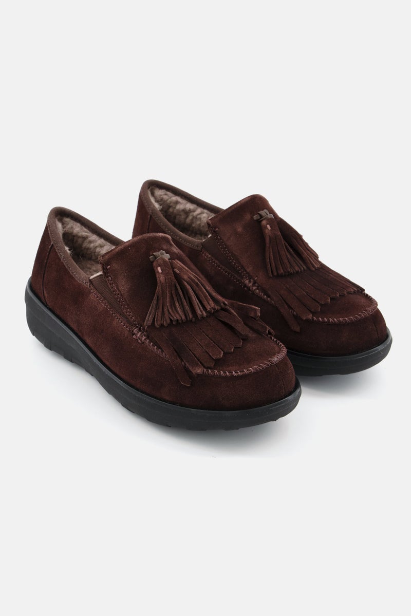 Women Fringe loafer Slip On Casual Shoe, Chocolate/Black