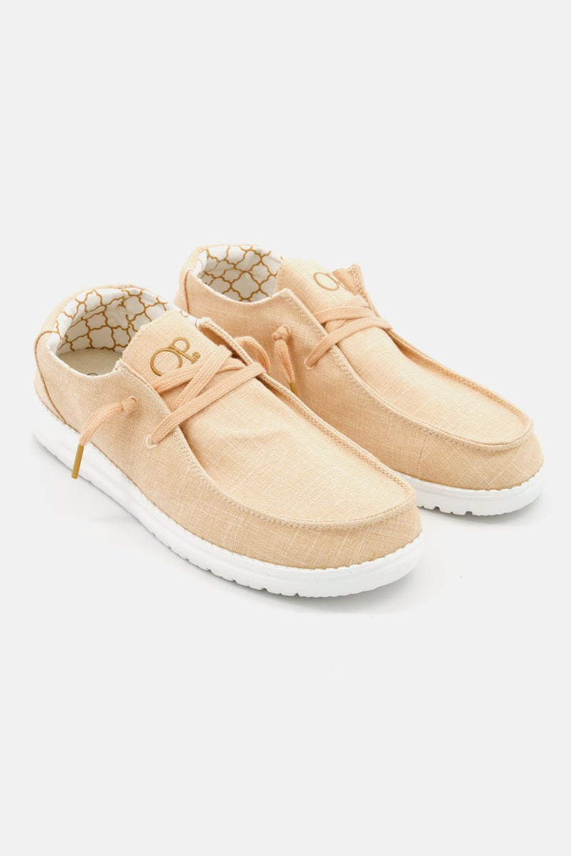 Women Linen Lace Up Casual Shoes, Tan