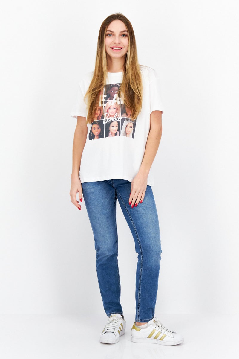 Women Oversized Crew Neck Short Sleeve Graphic T-Shirt, White