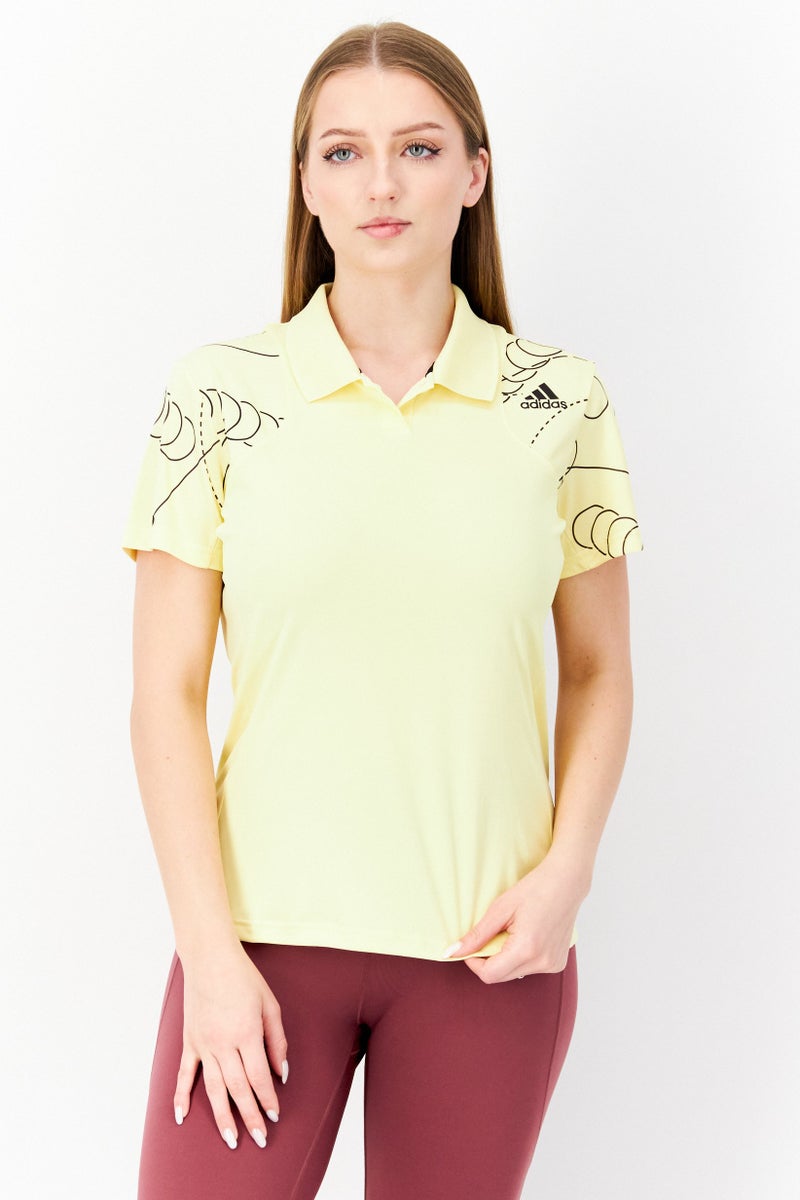 Women Sportswear Fit Short Sleeve Tennis Printed Polo Shirt, Yellow/Black