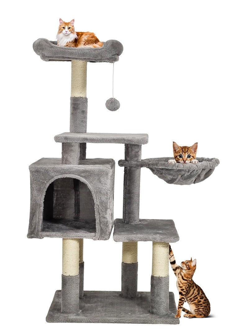 Cat tree tower for indoor cats and kittens with Soft perch, Cozy hammock, Dangling ball, Spacious cat condo, and Sisal scratching post, Multi-level cat climbing frame 110 cm (Grey)