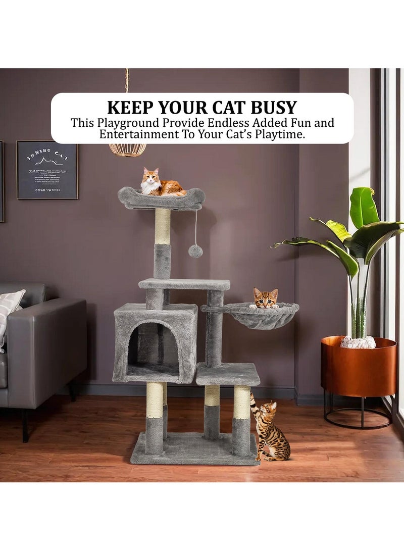 Cat tree tower for indoor cats and kittens with Soft perch, Cozy hammock, Dangling ball, Spacious cat condo, and Sisal scratching post, Multi-level cat climbing frame 110 cm (Grey)