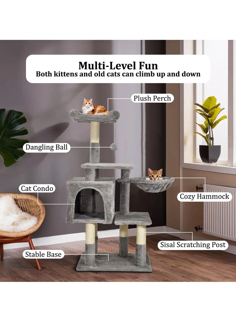 Cat tree tower for indoor cats and kittens with Soft perch, Cozy hammock, Dangling ball, Spacious cat condo, and Sisal scratching post, Multi-level cat climbing frame 110 cm (Grey)