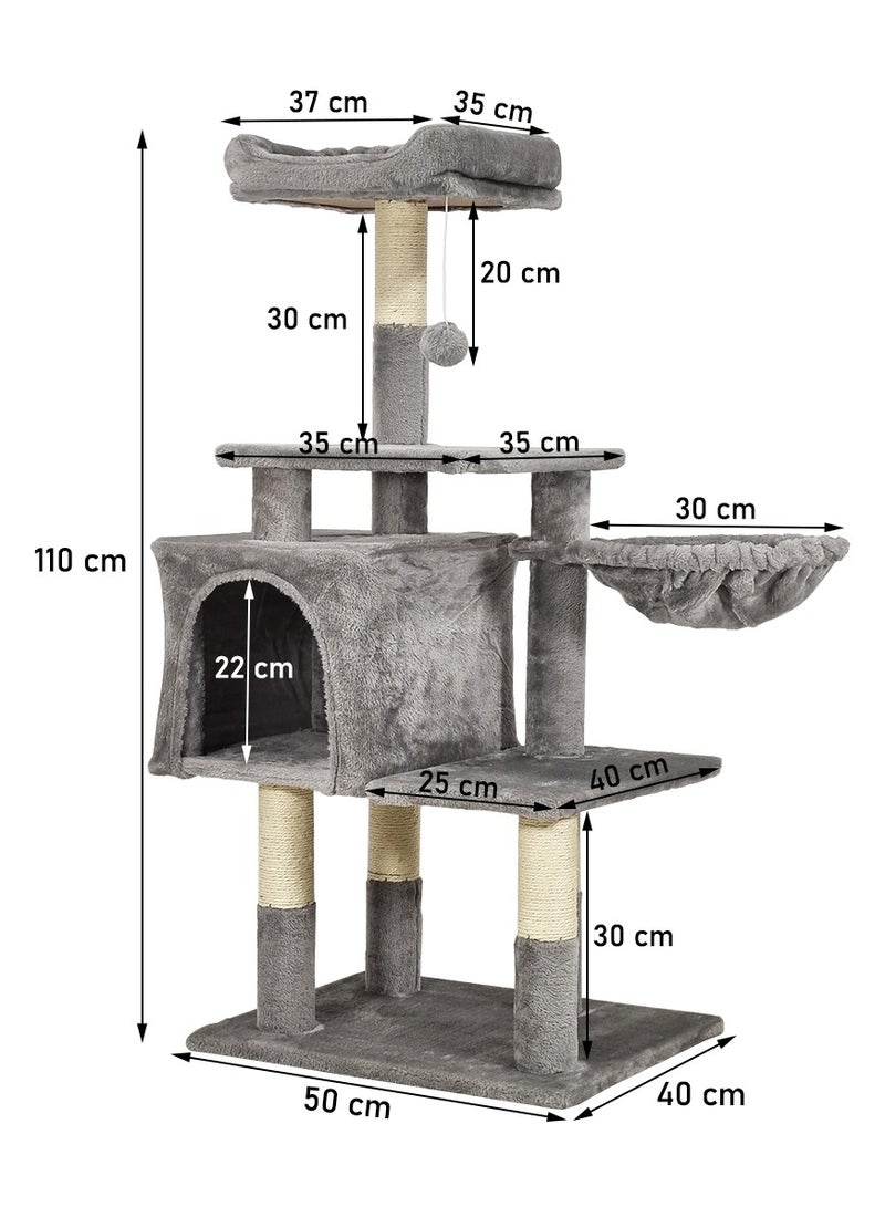 Cat tree tower for indoor cats and kittens with Soft perch, Cozy hammock, Dangling ball, Spacious cat condo, and Sisal scratching post, Multi-level cat climbing frame 110 cm (Grey)