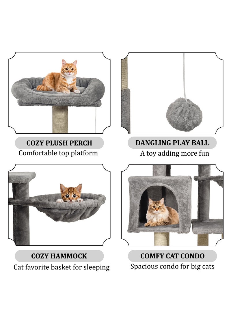 Cat tree tower for indoor cats and kittens with Soft perch, Cozy hammock, Dangling ball, Spacious cat condo, and Sisal scratching post, Multi-level cat climbing frame 110 cm (Grey)