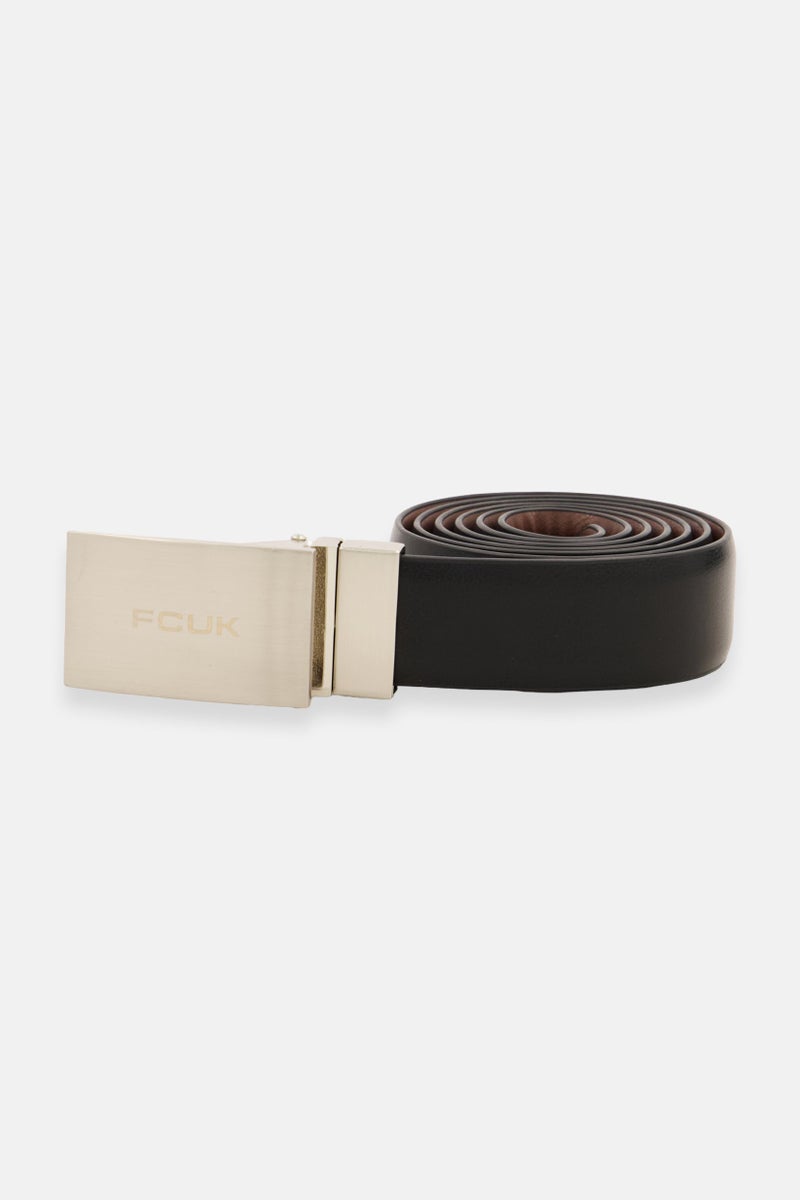 Men Rectangle Reversible Leather Belt, Black