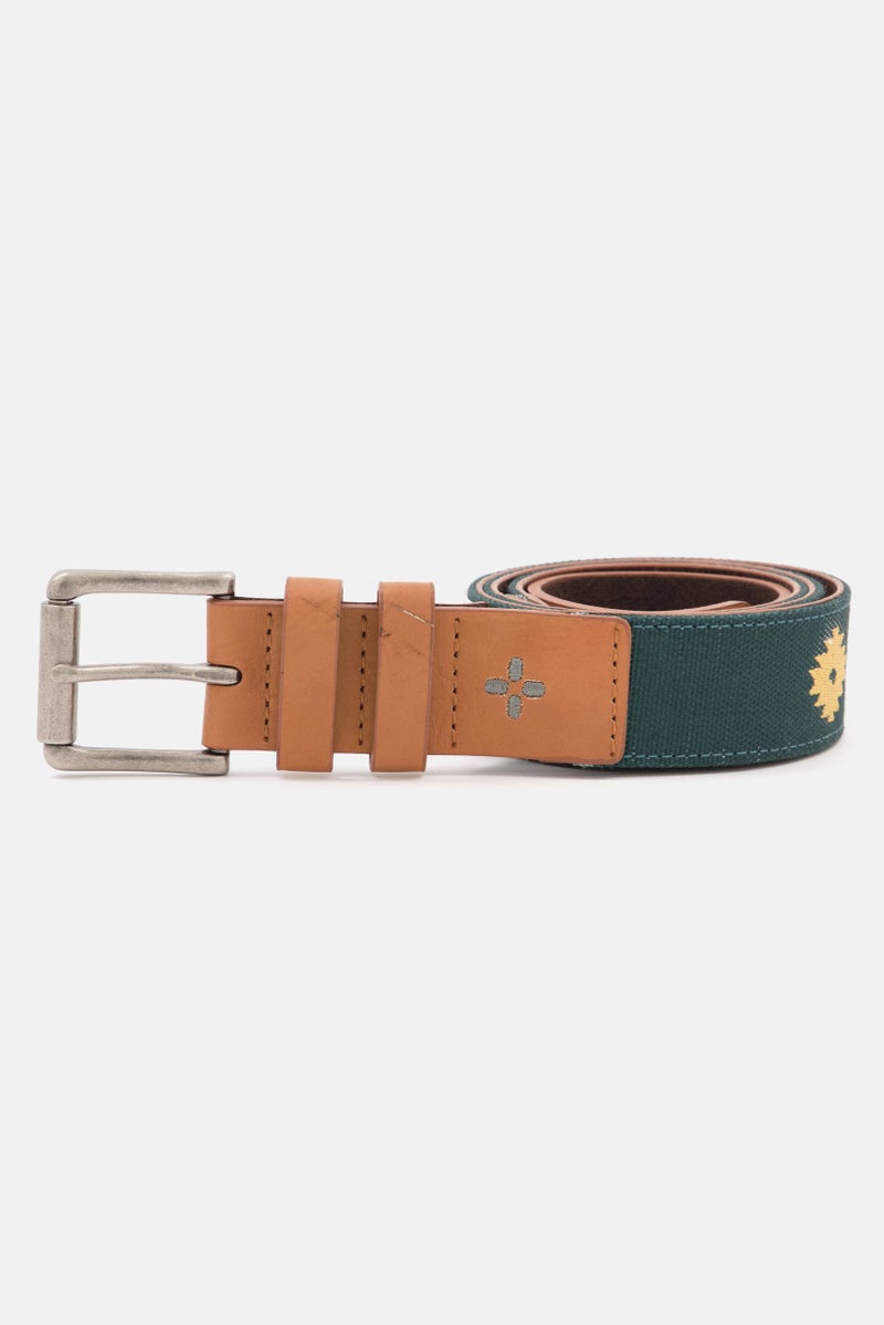 Men Embroidered Leather Belt, Green/Brown