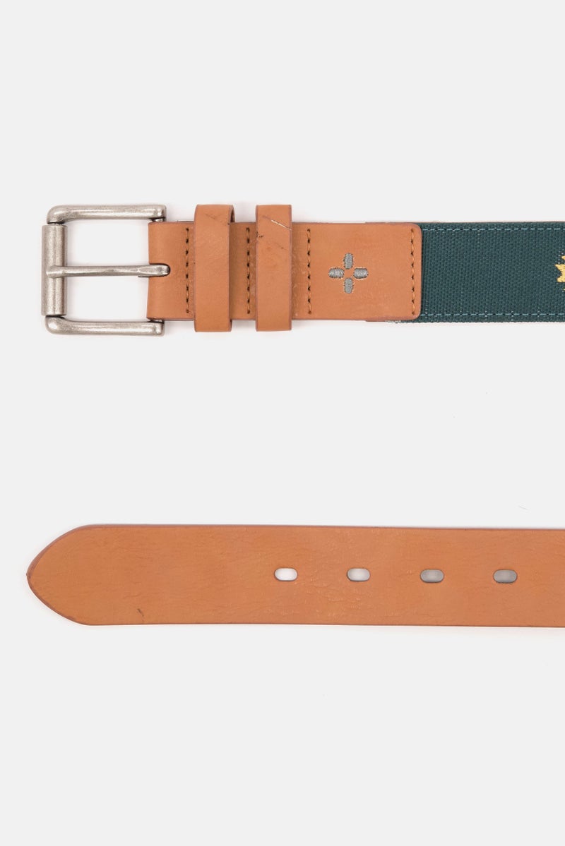 Men Embroidered Leather Belt, Green/Brown